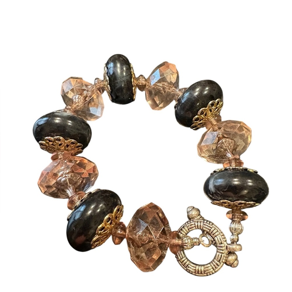 Artisan Beaded Bracelet – Faceted Crystal & Black Stone with Filigree JB8